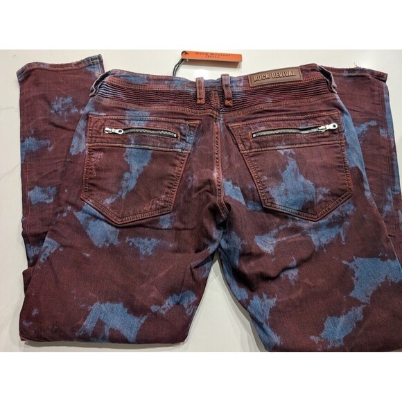 Rock Revival Moto Elroy Biker Distressed Jeans Acid Wash Red Blue Mens Size 38 - Picture 5 of 12